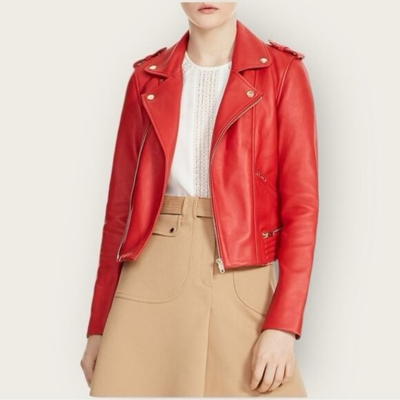Maje Perfecto Lamb Leather Motorcycle Jacket Red - Picture 1 of 7